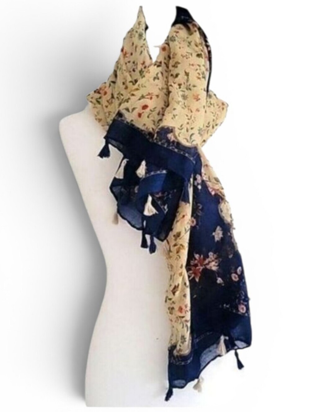 Beautiful floral cream and navy shaw or neck wrap beach coverup